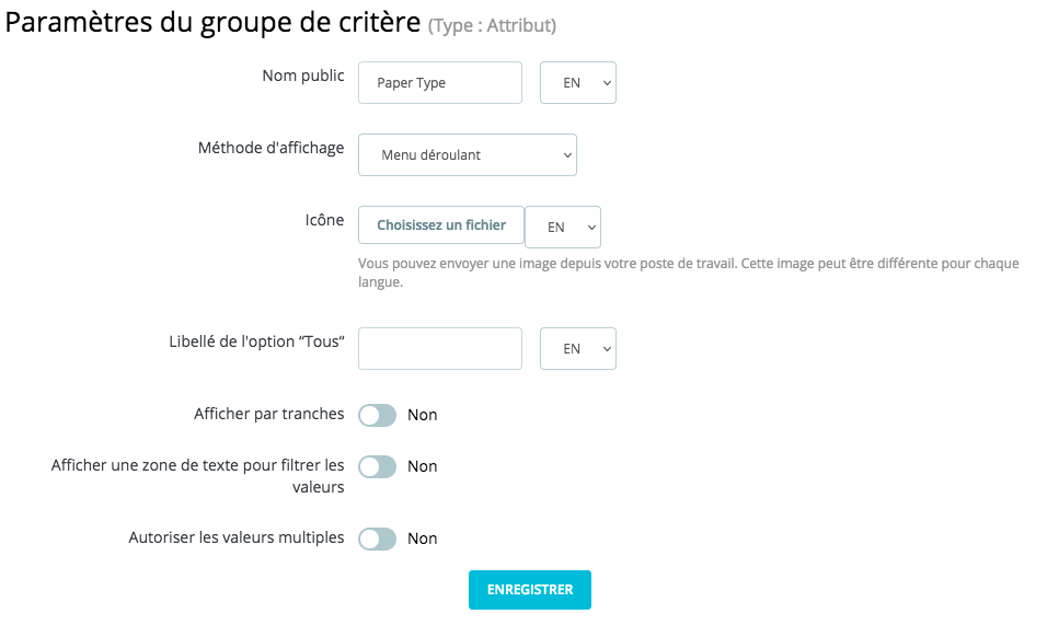 paramètres du groupe de critères